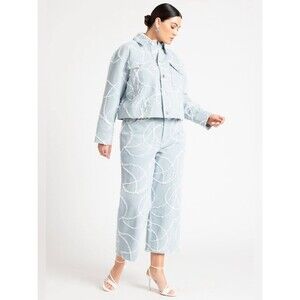 Eloquii Fringe Denim Jacket Cropped Pants Plus Size 22 Blue Statement Set NEW